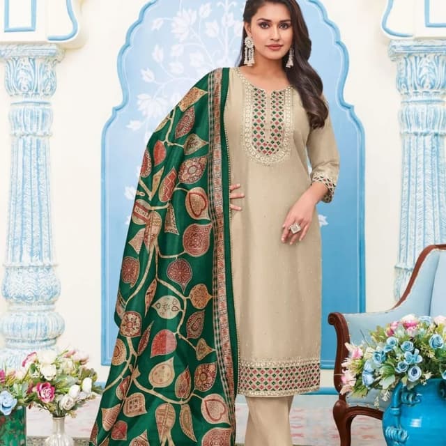 Beige, Green, Red, Gold Salwar Kameez with Dupatta