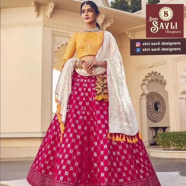 Pink, Yellow, White Lehenga Choli