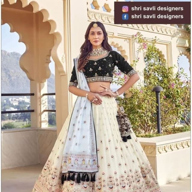 Black, White, Pastel Blue Lehenga Choli