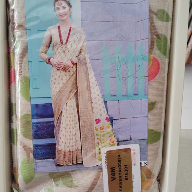 Cream, Gold, Pink, Green Saree