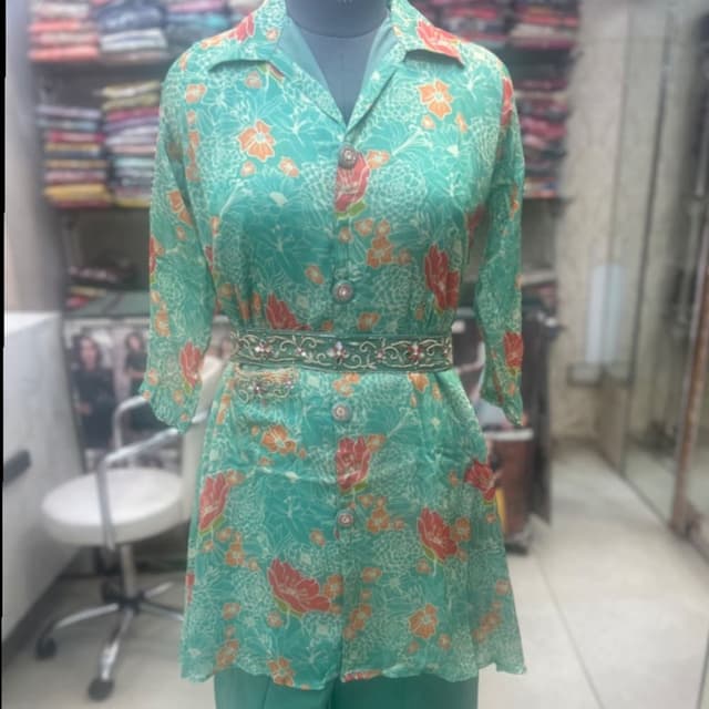 Teal, Orange, Green Kurta with Pants and Belt