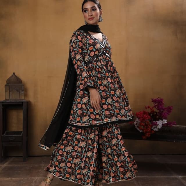 Black, Orange, Teal, White Sharara Suit