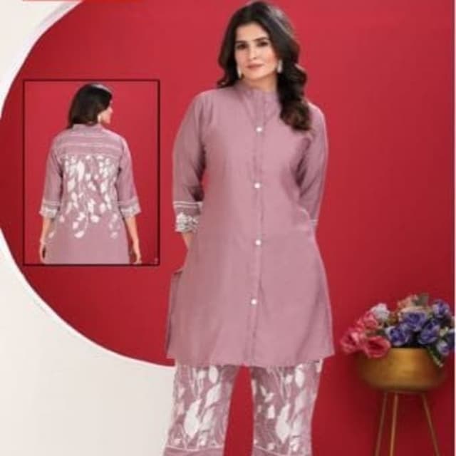 Mauve and White Kurta and Pant Set