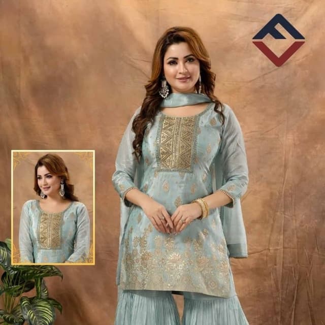 Light Blue and Gold Sharara Suit