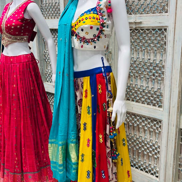 Multicolor - White, Yellow, Red, Blue, Turquoise Lehenga Choli with Dupatta