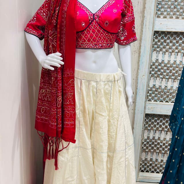 Red, Cream, Silver Lehenga Choli with Dupatta