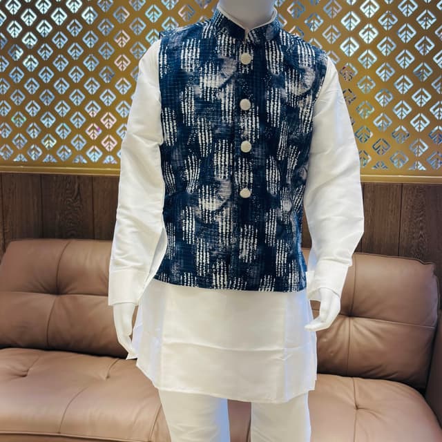 White, Navy Blue Kurta with Nehru Jacket