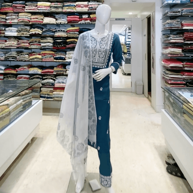 Teal and White Salwar Kameez with Dupatta