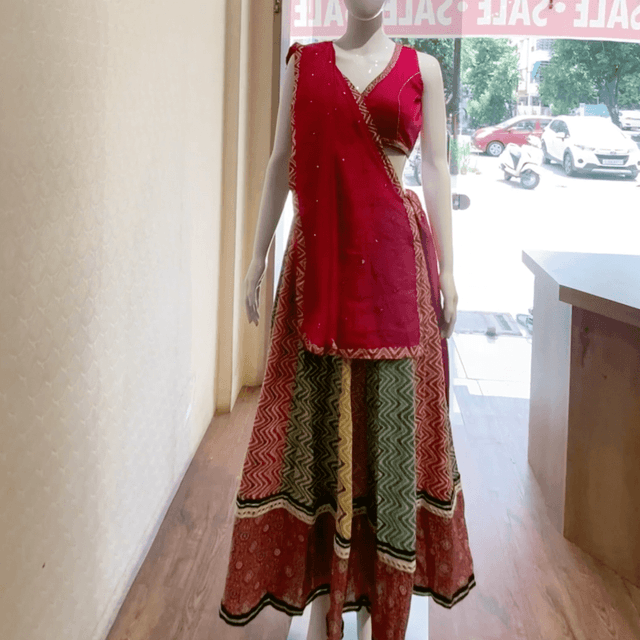 Red, green, yellow, and white Lehenga Choli