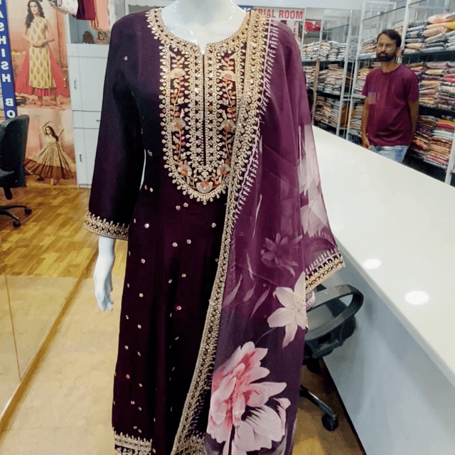 Deep Plum, Gold, and White Anarkali Suit