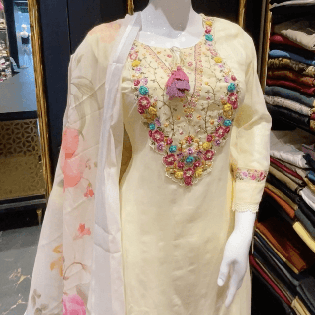 Pale yellow, multi-colored floral embroidery, white and pink floral dupatta Kurta with Dupatta