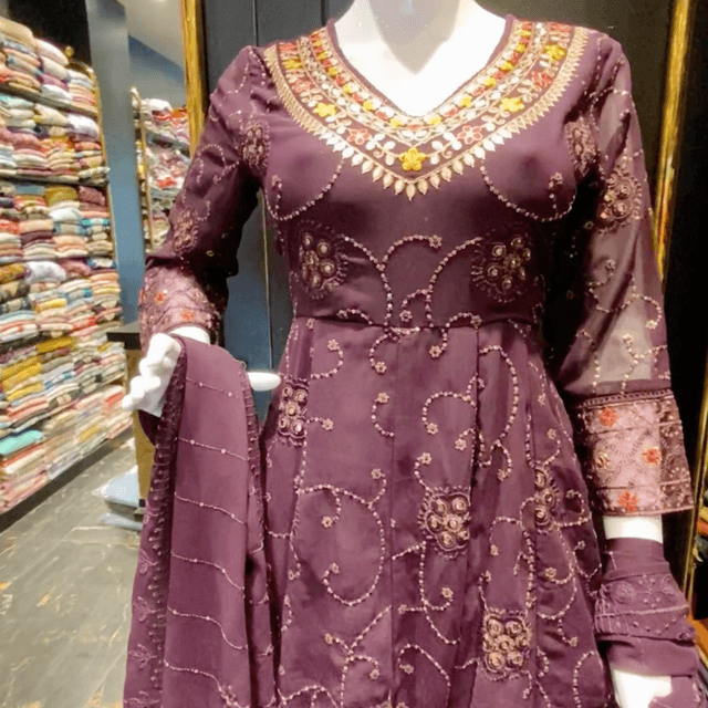 Plum, Gold Anarkali Dress