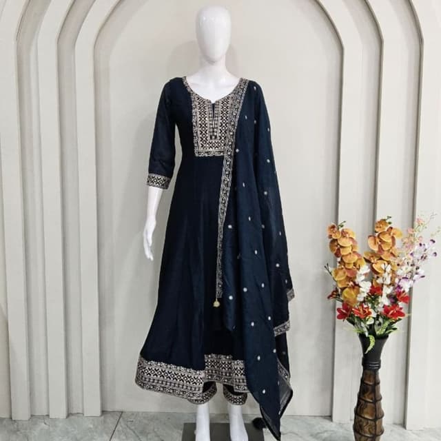Navy Blue and Silver Anarkali Suit