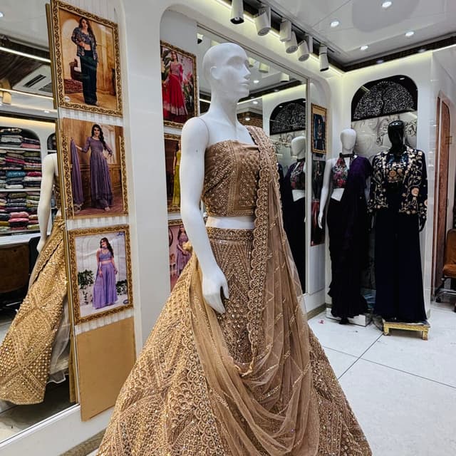 Gold, Beige Lehenga Choli