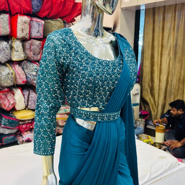 Teal, Silver Saree