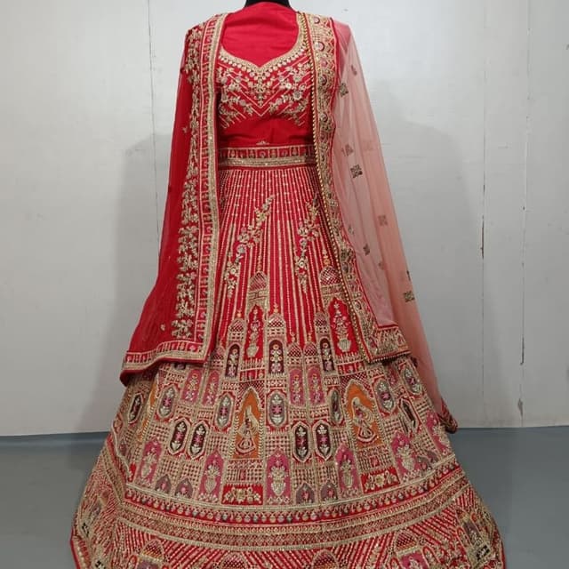 Red, Gold, and Peach Lehenga Choli
