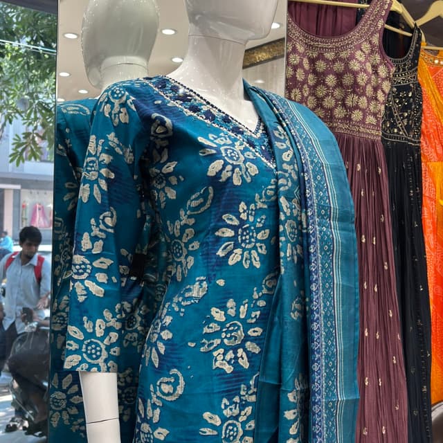 Teal, White, and Navy Blue Kurta with Dupatta