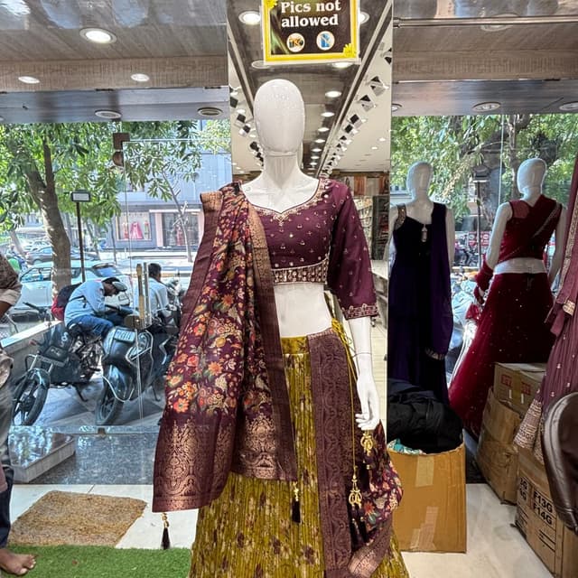 Burgundy, Olive Green, Gold Lehenga Choli