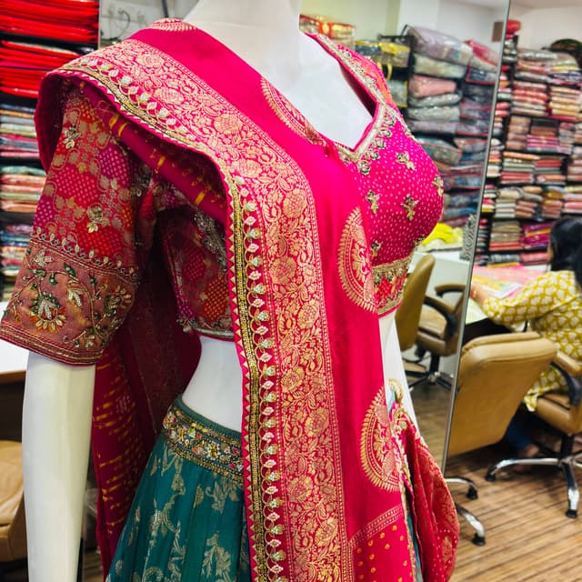 Hot Pink, Teal Green, Gold Lehenga Choli