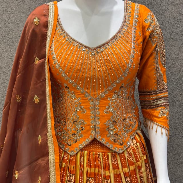 Orange, Brown, Gold Lehenga Choli