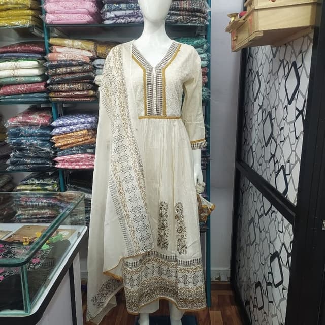 Cream, Gold, Black Anarkali Suit