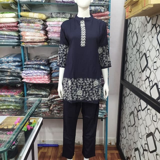 Navy Blue and White Kurta and Pant Set