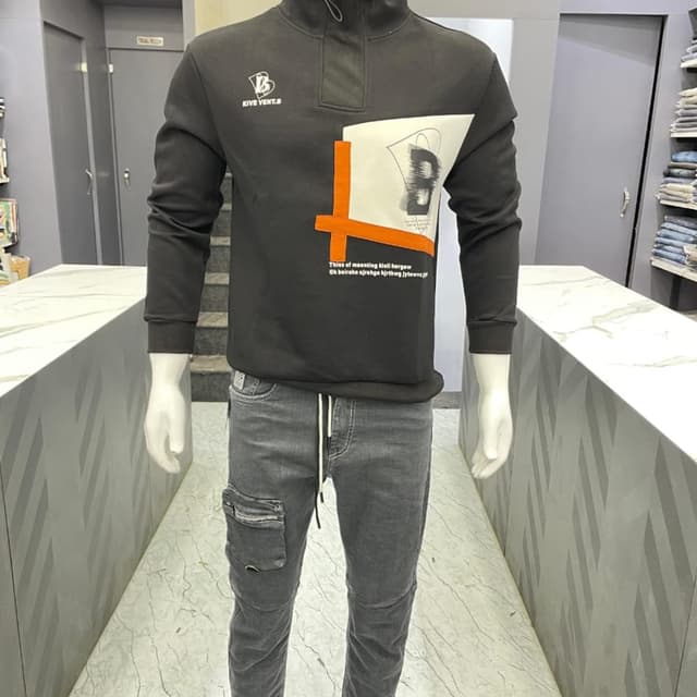 Black, White, Orange, Gray Sweatshirt and Jeans