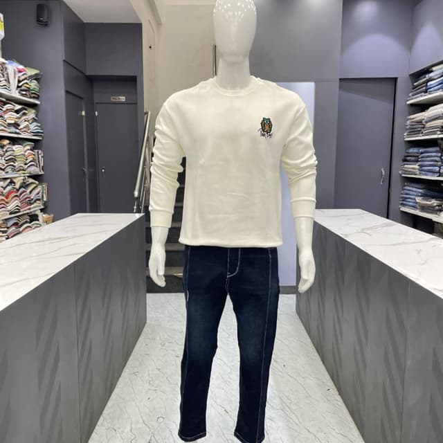 Off-White and Dark Blue Sweatshirt and Jeans