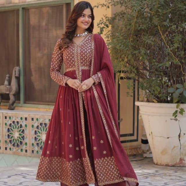 Maroon and Gold Anarkali Suit