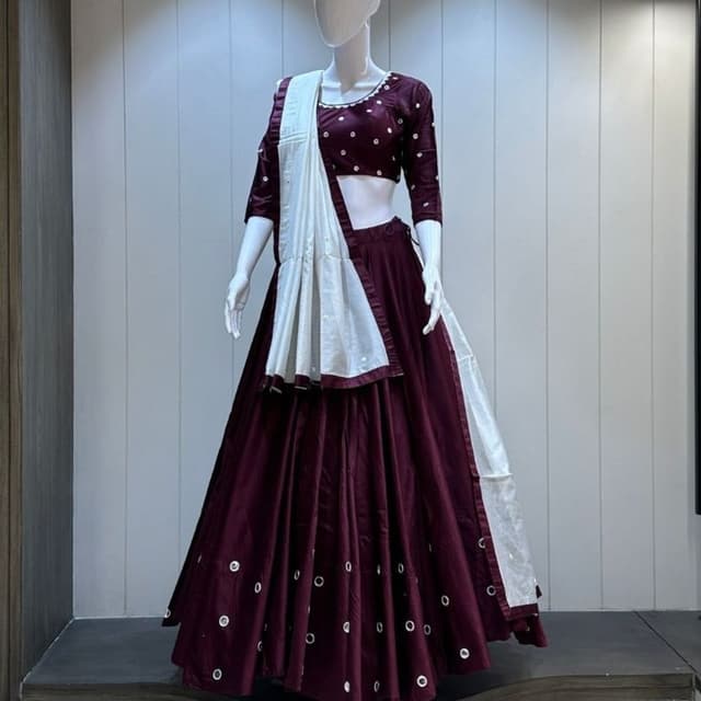 Burgundy, White Lehenga Choli