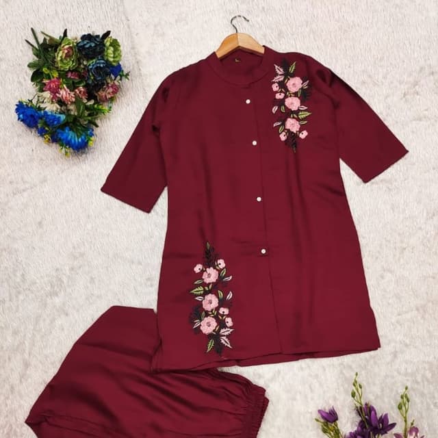 Maroon with Pink, Green and Black embroidery Kurta and Pants set