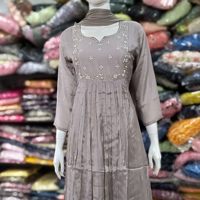 Taupe with white and pink accents Kurta with Dupatta