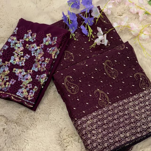 Deep Plum, Gold, and Multi-color Unstitched Suit Set