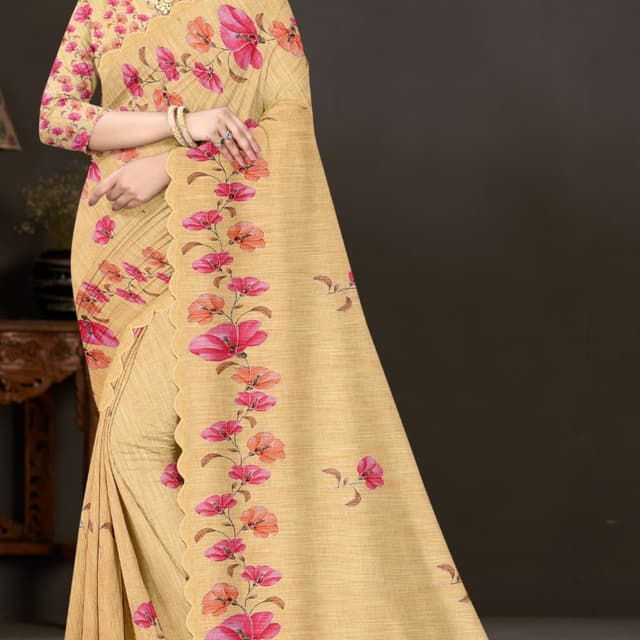 Beige, Pink, Orange Saree