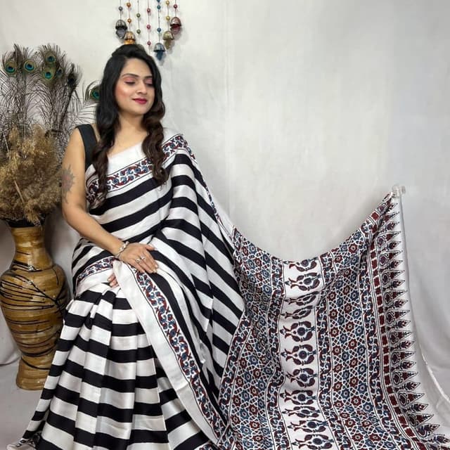 Black and White with accents of Red and Blue Saree