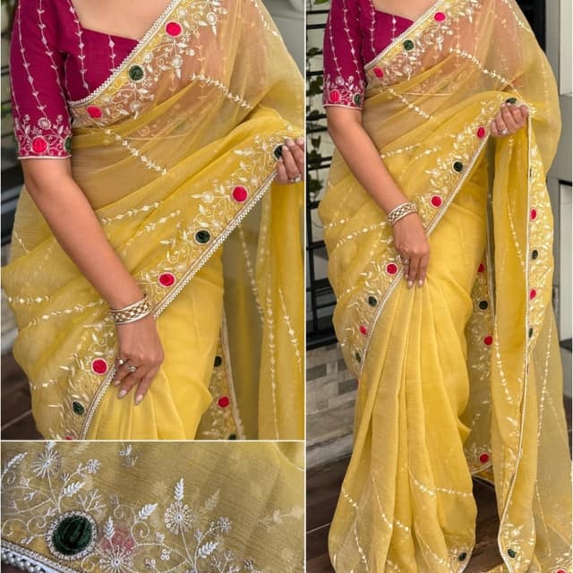 Yellow, Maroon, White, Green, Red Saree