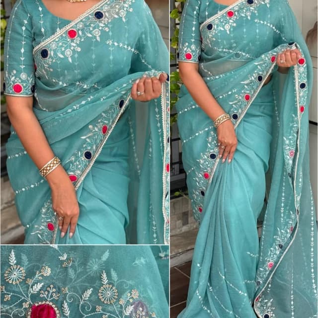 Teal, White, Red, and Navy Blue Saree