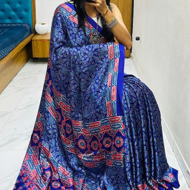 Shades of Blue, Red, Teal, and White Saree