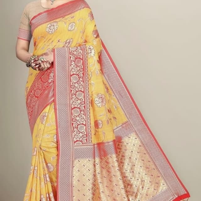 Yellow, Red, Beige Saree
