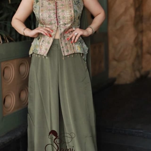 Olive Green, Beige, Pink, Gold Palazzo Pants and Top