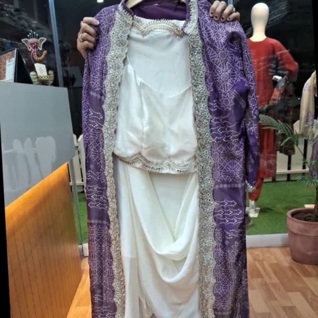 Purple, White, Silver Draped Dress with Overlay