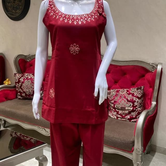 Red with gold and white accents Kurta and Pants Set