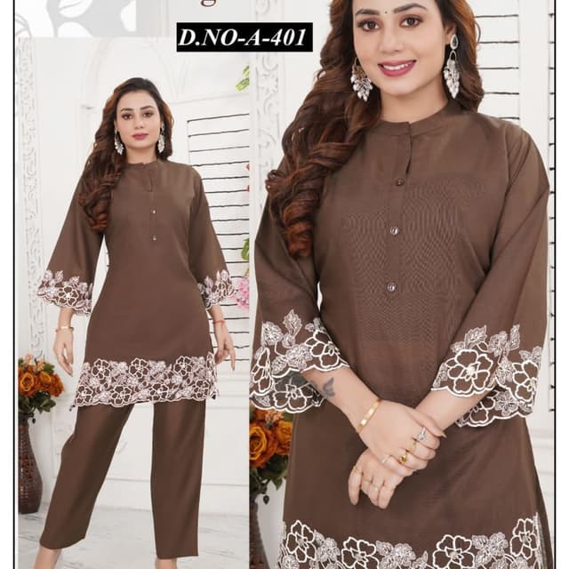 Brown and White Kurta with Pants