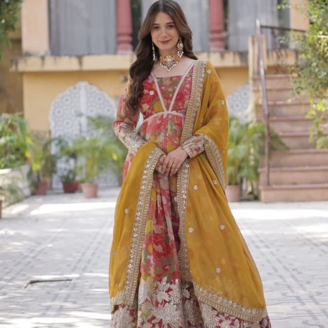 Red, Yellow, Green, White Anarkali Suit
