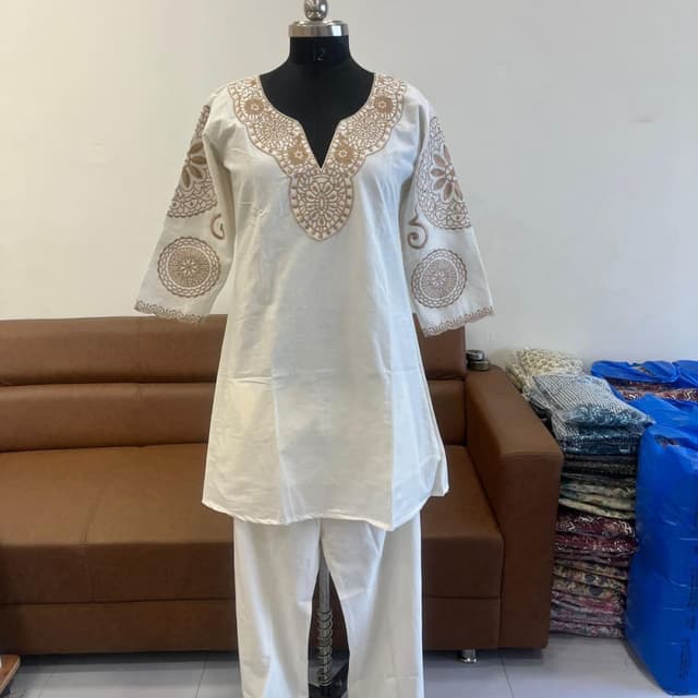 Off-white with brown embroidery Kurta with pants
