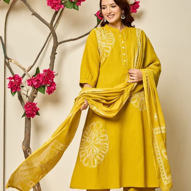 Mustard yellow with white accents Kurta with Dupatta