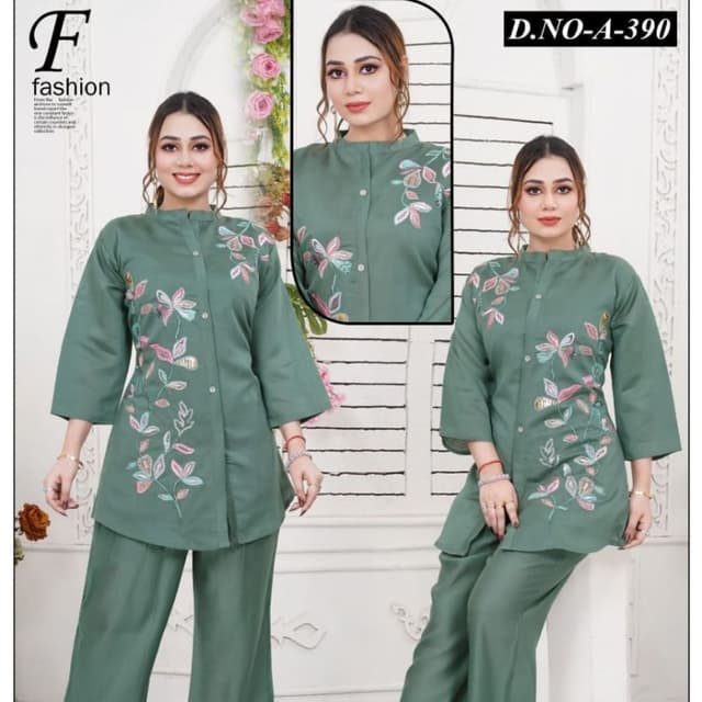 Green, Pink, White Kurti and Trousers Set