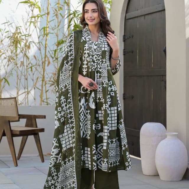 Olive Green and White Salwar Kameez with Dupatta