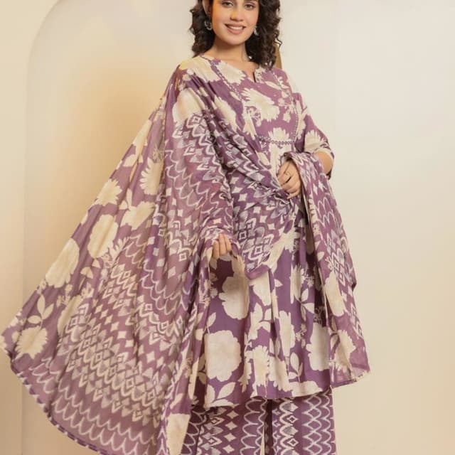 Purple and Cream Salwar Kameez with Dupatta