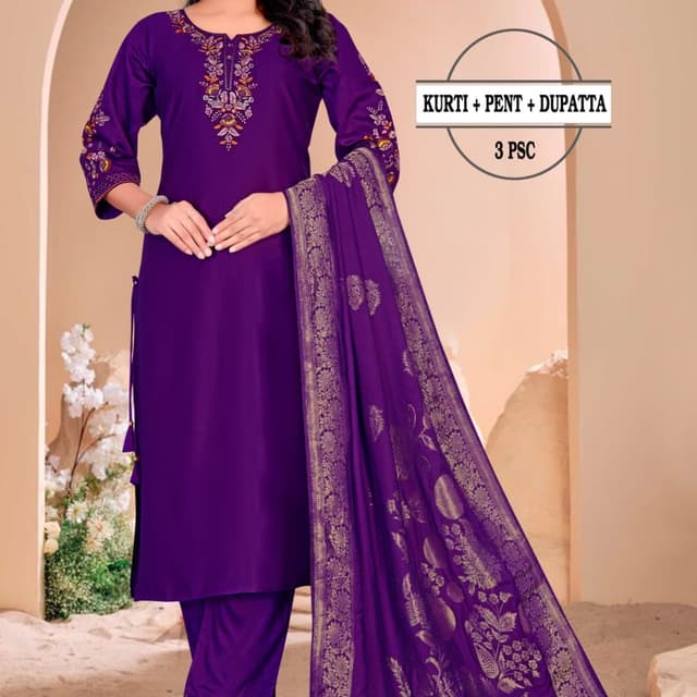 Purple and Gold Kurti, Pent and Dupatta Set